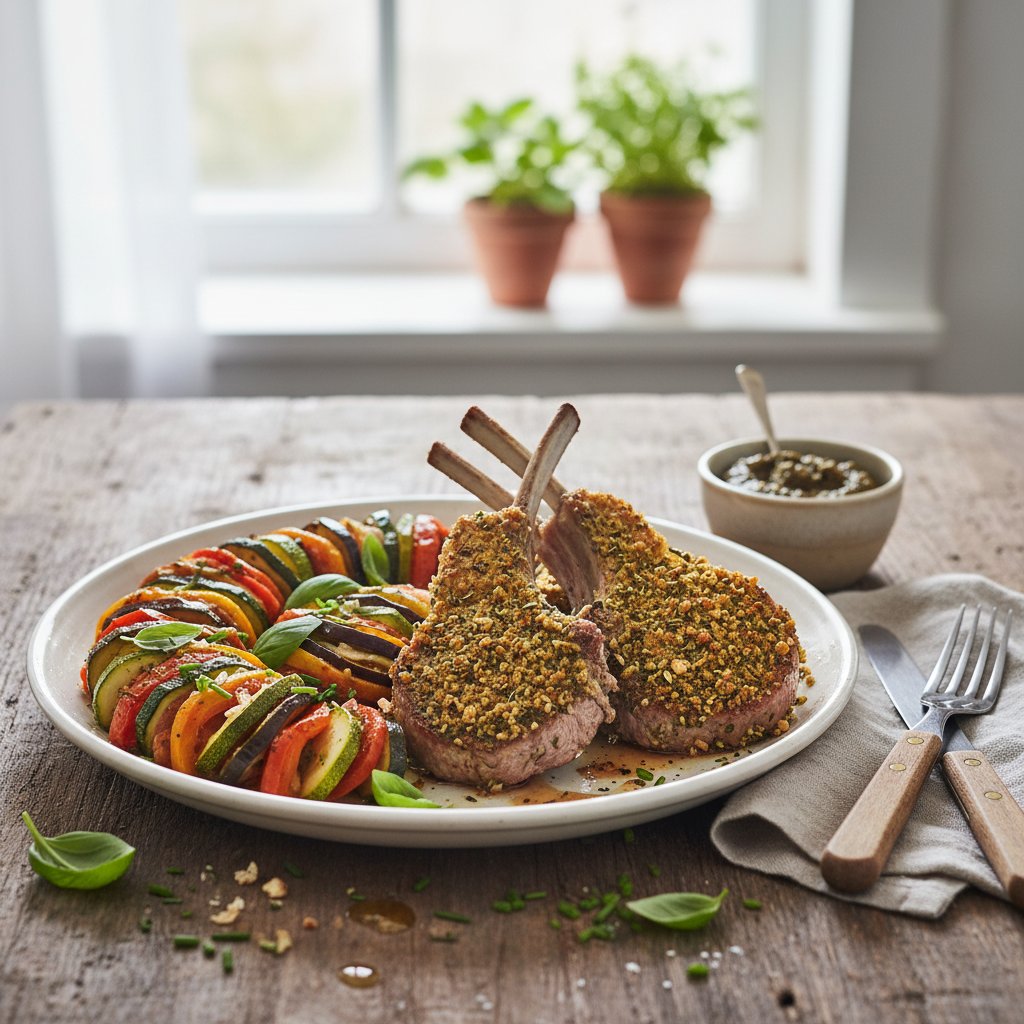 Rustic Provençal Ratatouille with Herb-Crusted Lamb Chops