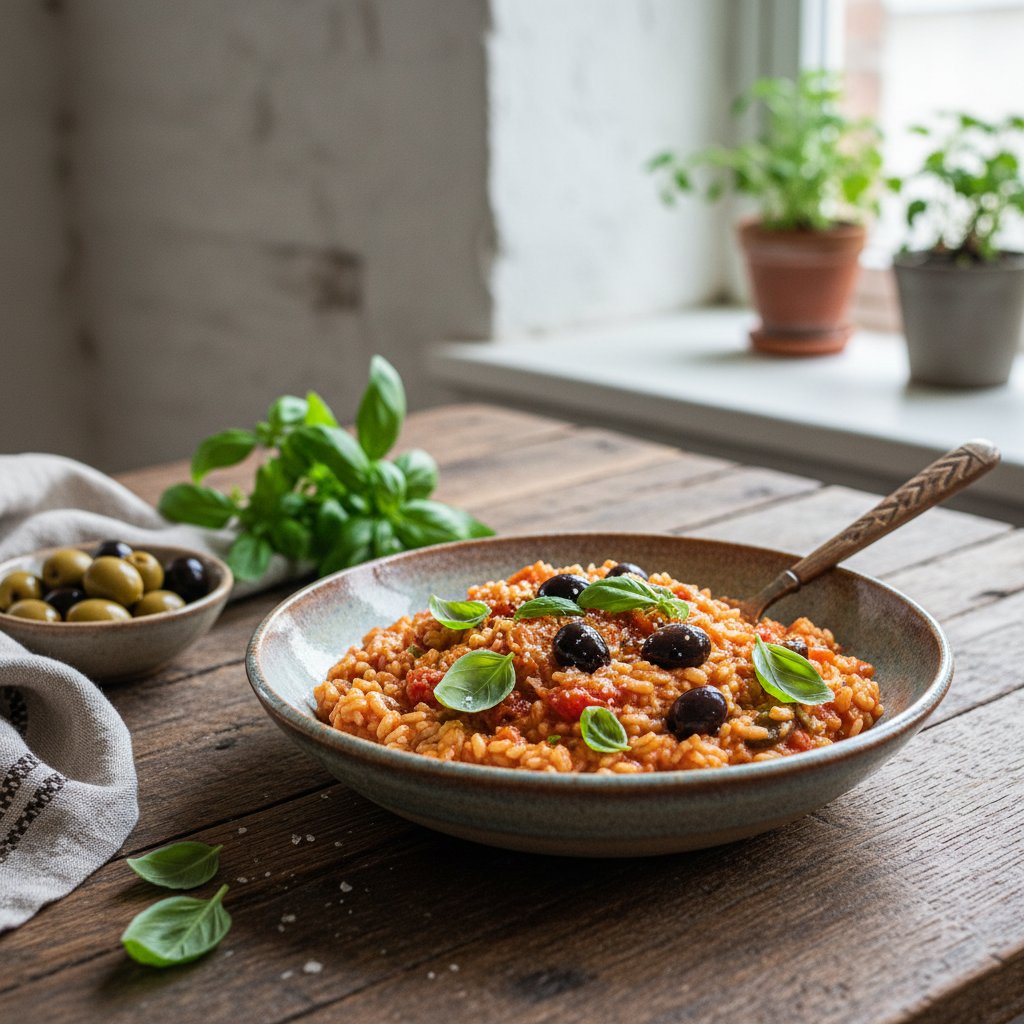 Rustic Tomato and Olive Risotto with Fresh Basil