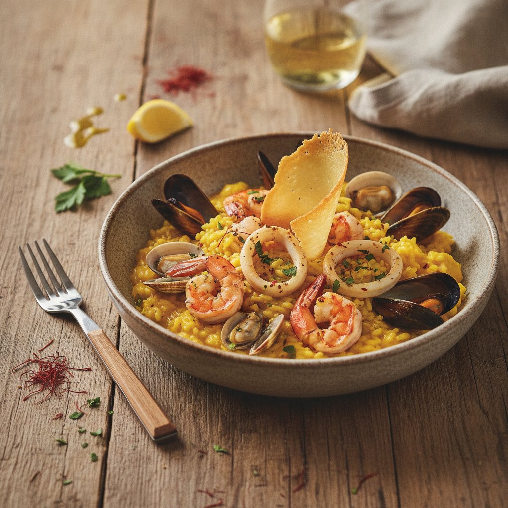Saffron-Infused Seafood Risotto with Crisp Parmesan Tuile