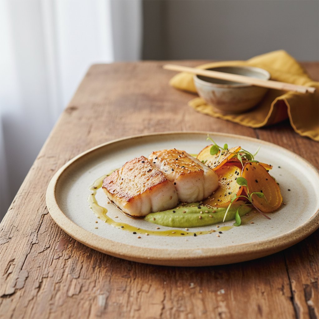 Saffron Miso Cod with Wasabi Avocado Puree