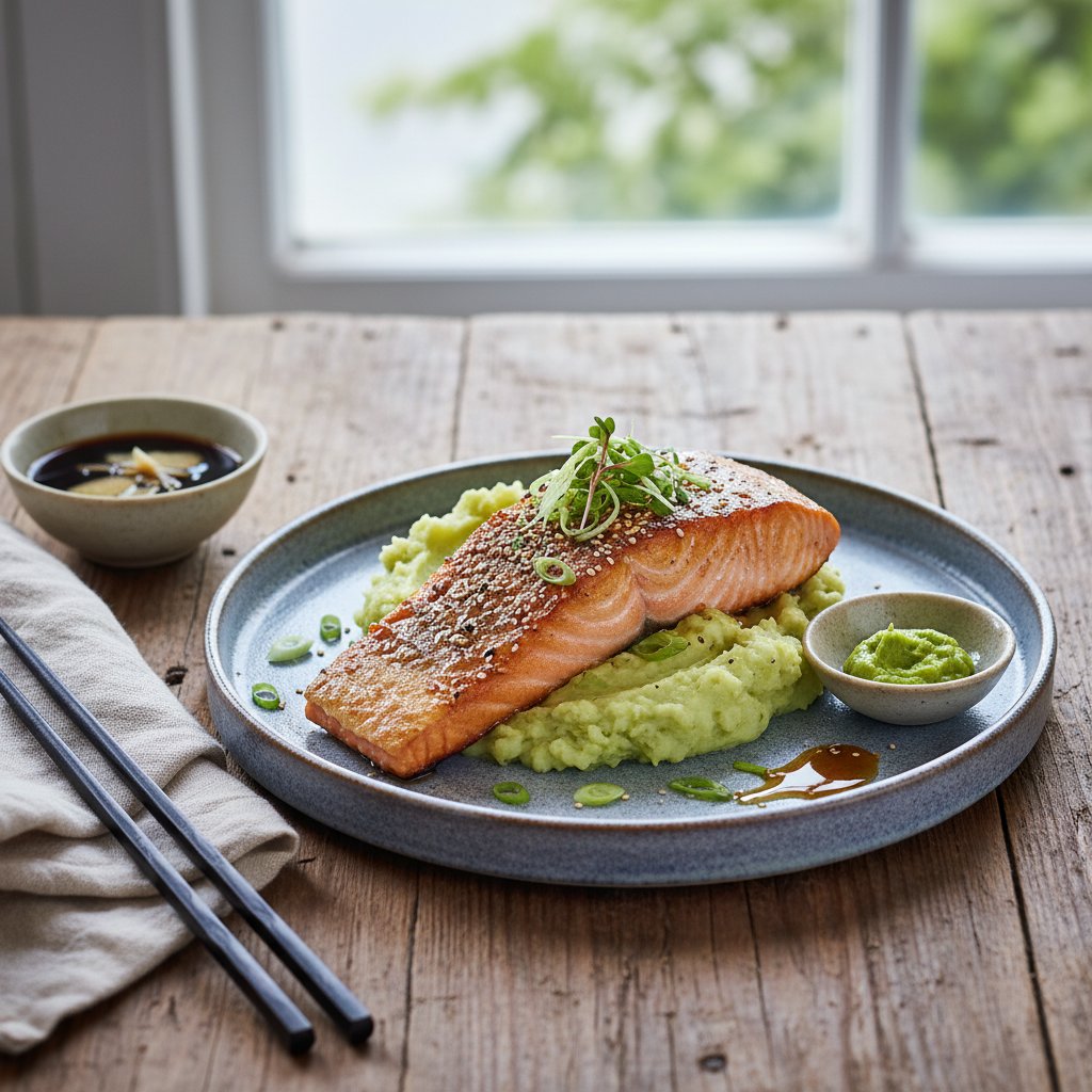 Sake-Infused Miso-Glazed Salmon with Wasabi Mashed Potatoes