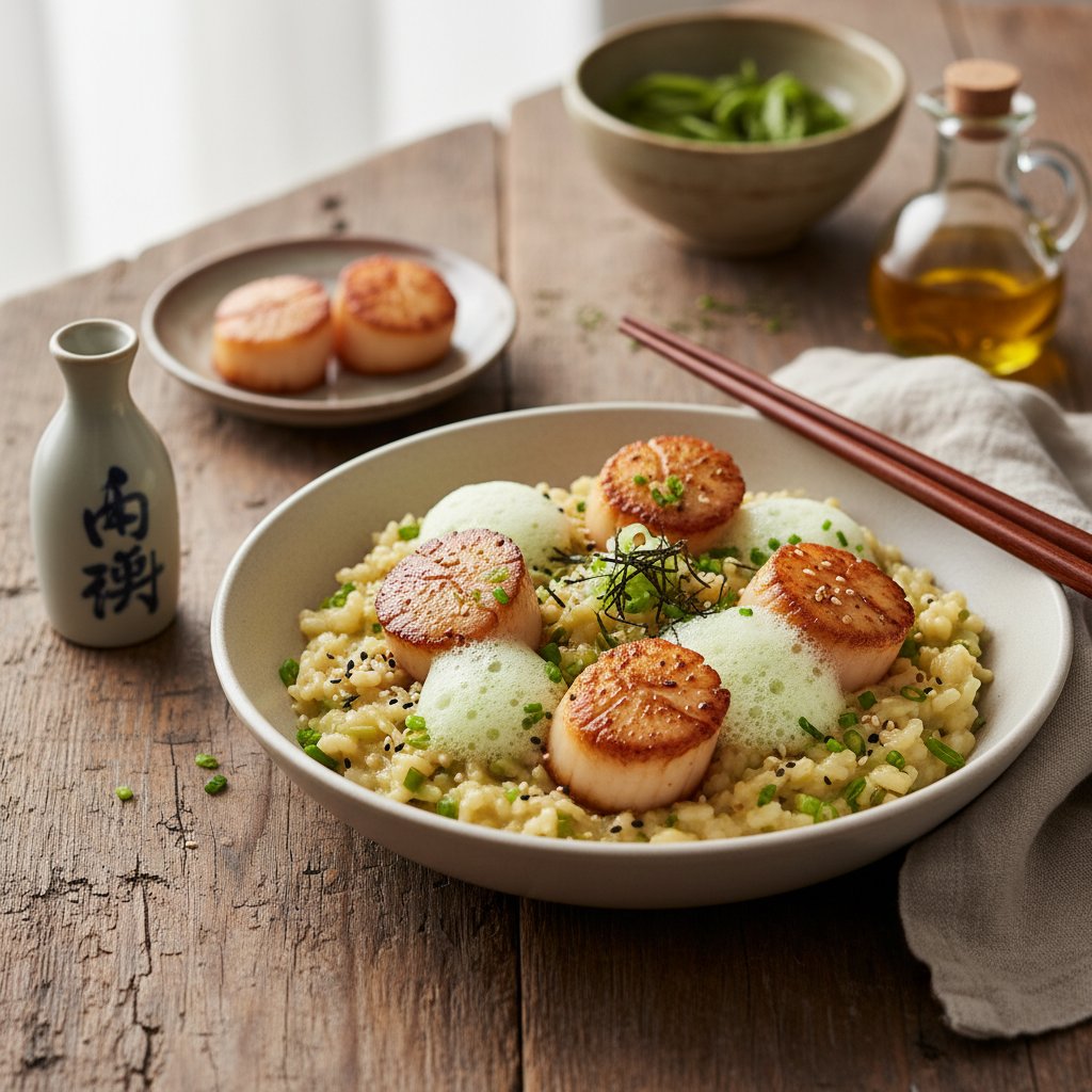 Sake-Infused Miso Risotto with Seared Scallops and Wasabi Foam