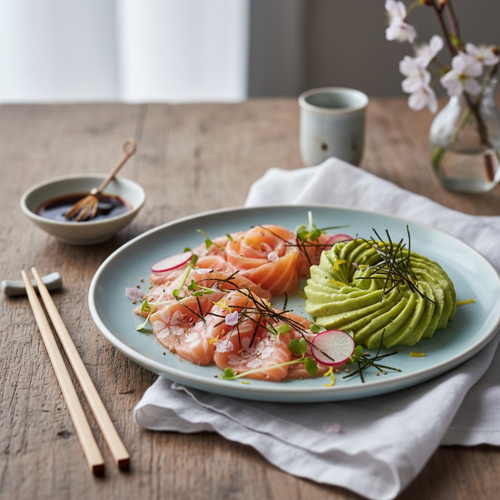 Sakura Salmon Sashimi with Yuzu-Infused Avocado Mousse