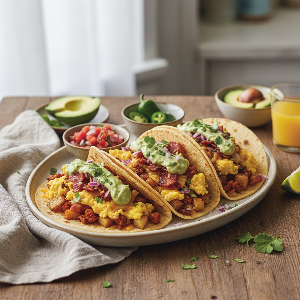 Savory American Breakfast Tacos with Avocado Crema