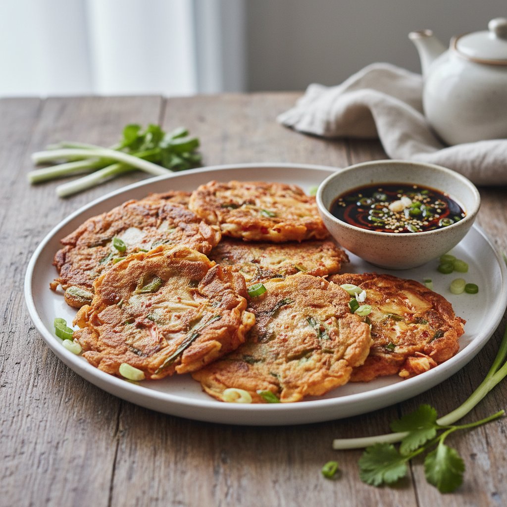 Savory Korean Kimchi Pancakes with Scallion Dipping Sauce
