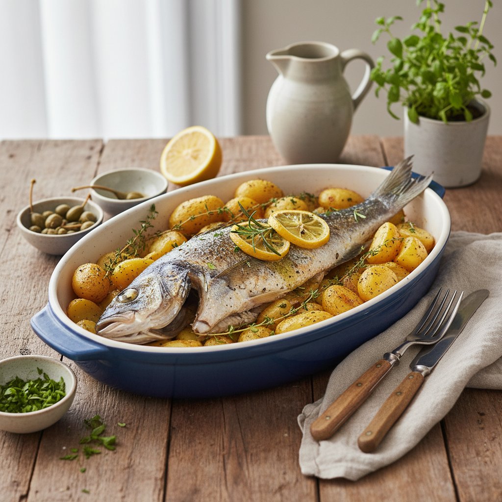 Savory Lemon and Herb Mediterranean Baked Fish with Crispy Potatoes
