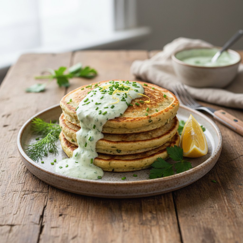 Savory Lemon-Herb Ricotta Pancakes with Chive Yogurt Drizzle