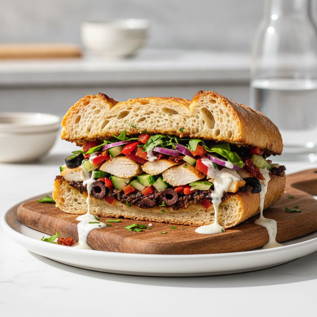 Savory Mediterranean Chopped Sandwich with Olive Tapenade and Feta Drizzle
