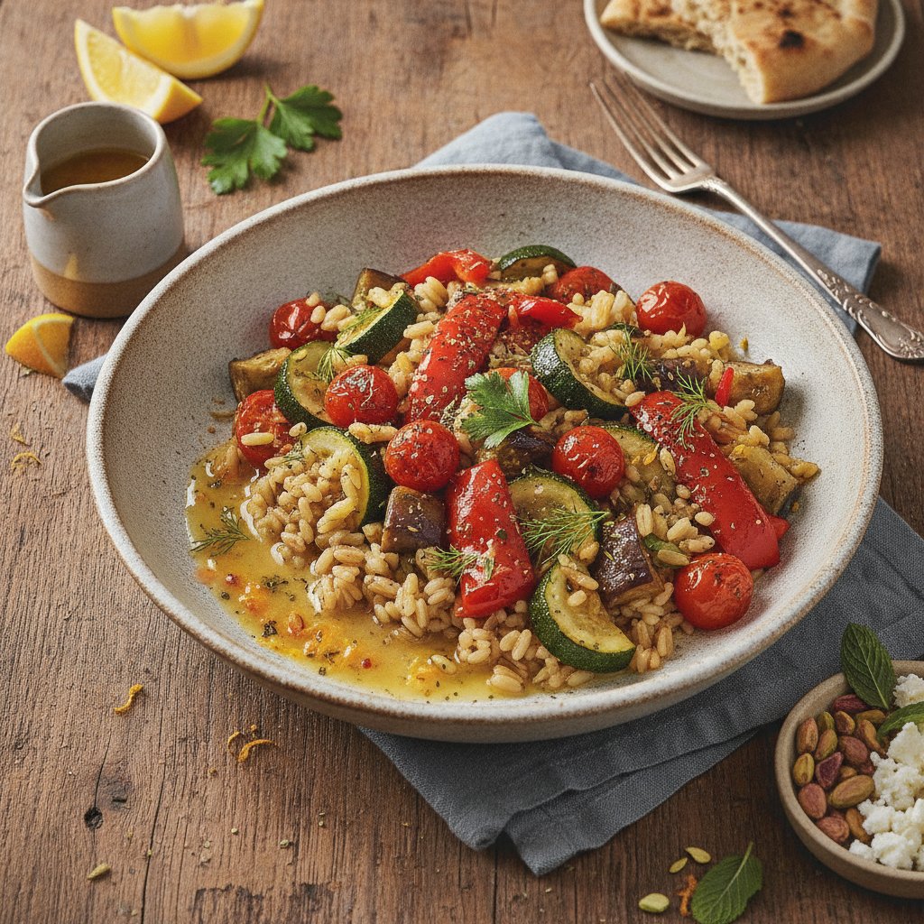 Savory Mediterranean Farro Bowl with Herb-Roasted Vegetables and Citrus Dressing