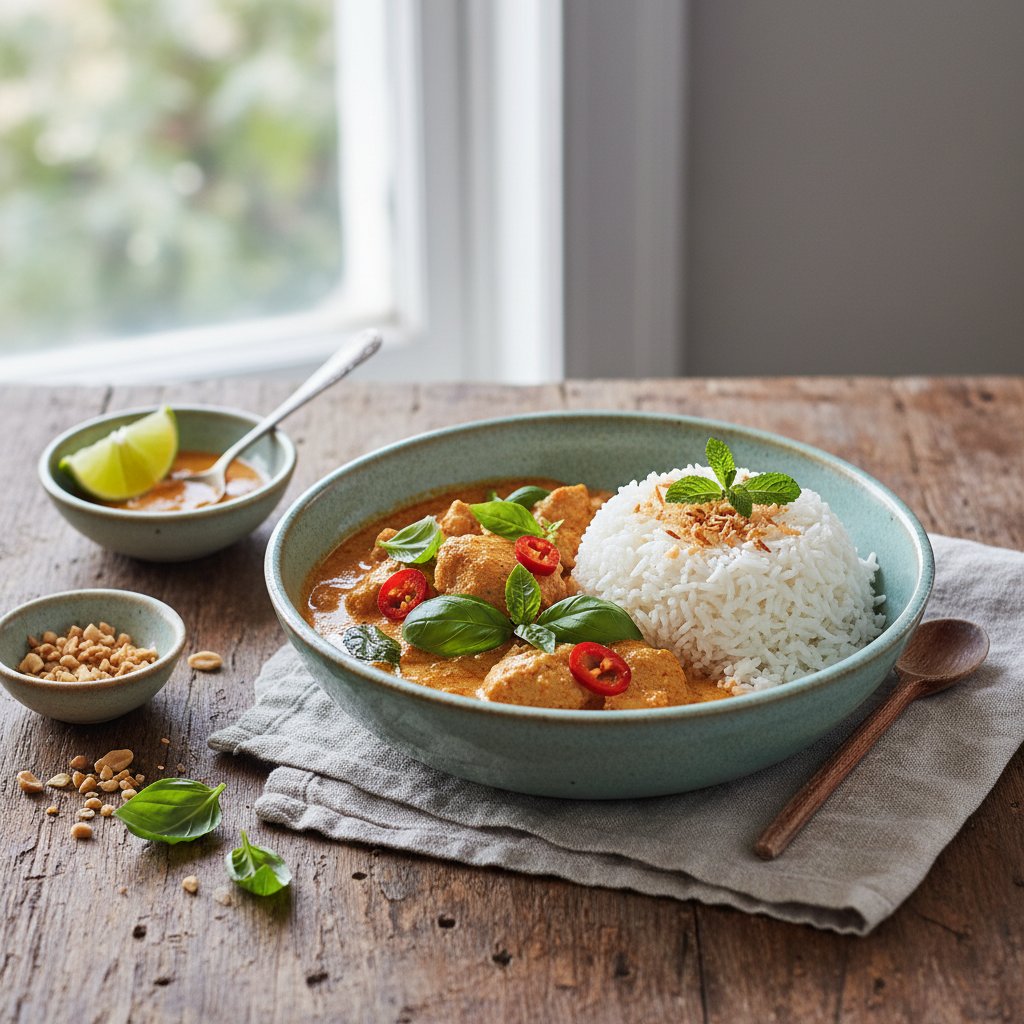 Savory Thai Red Curry Chicken with Basil and Coconut Rice