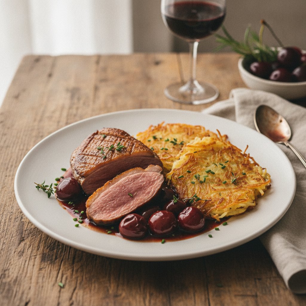 Seared Duck Breast with Cherry-Balsamic Reduction and Crispy Potato Rösti
