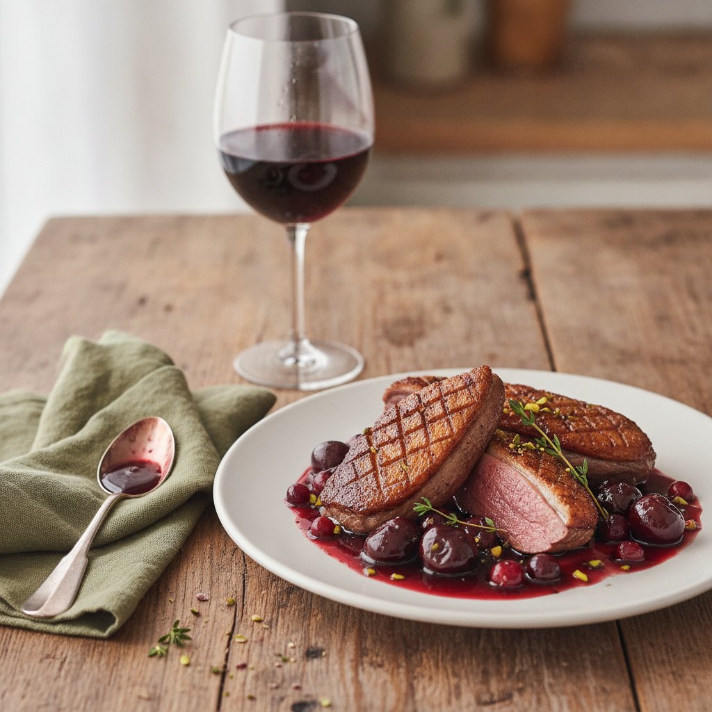 Seared Duck Breast with Red Wine and Cherry Reduction
