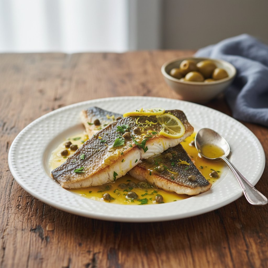 Seared Mediterranean Sea Bass with Lemon-Caper Butter Sauce
