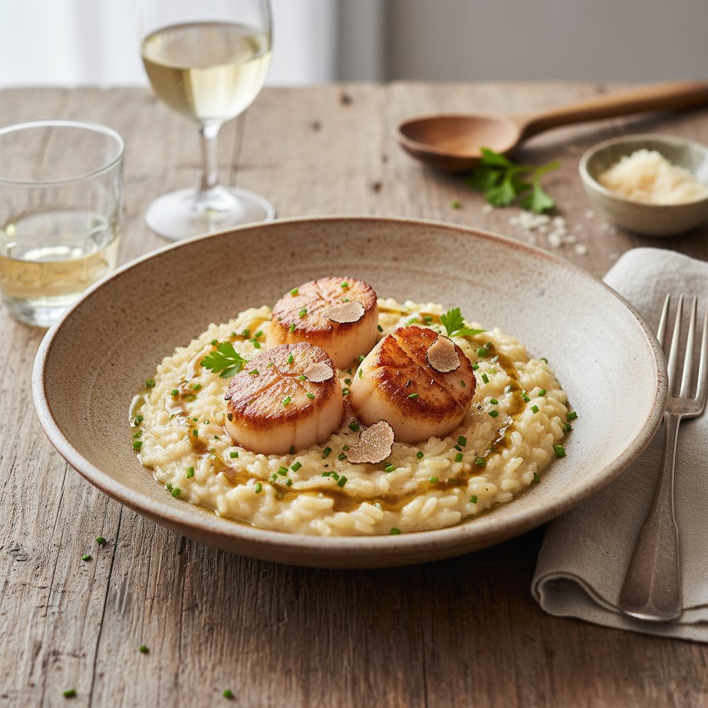 Seared Scallop Risotto with White Wine and Truffle Essence