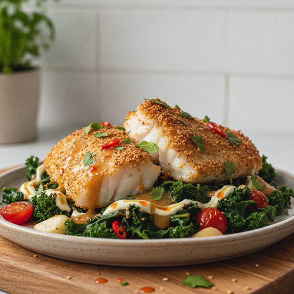 Sesame-Crusted Cod Traybake with Kale