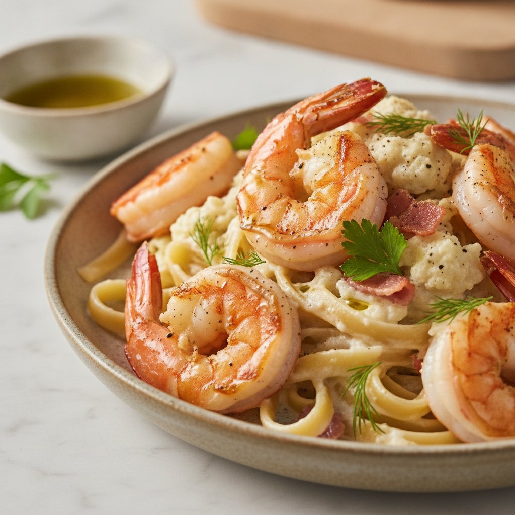 Shrimp Carbonara with Cauliflower Cream