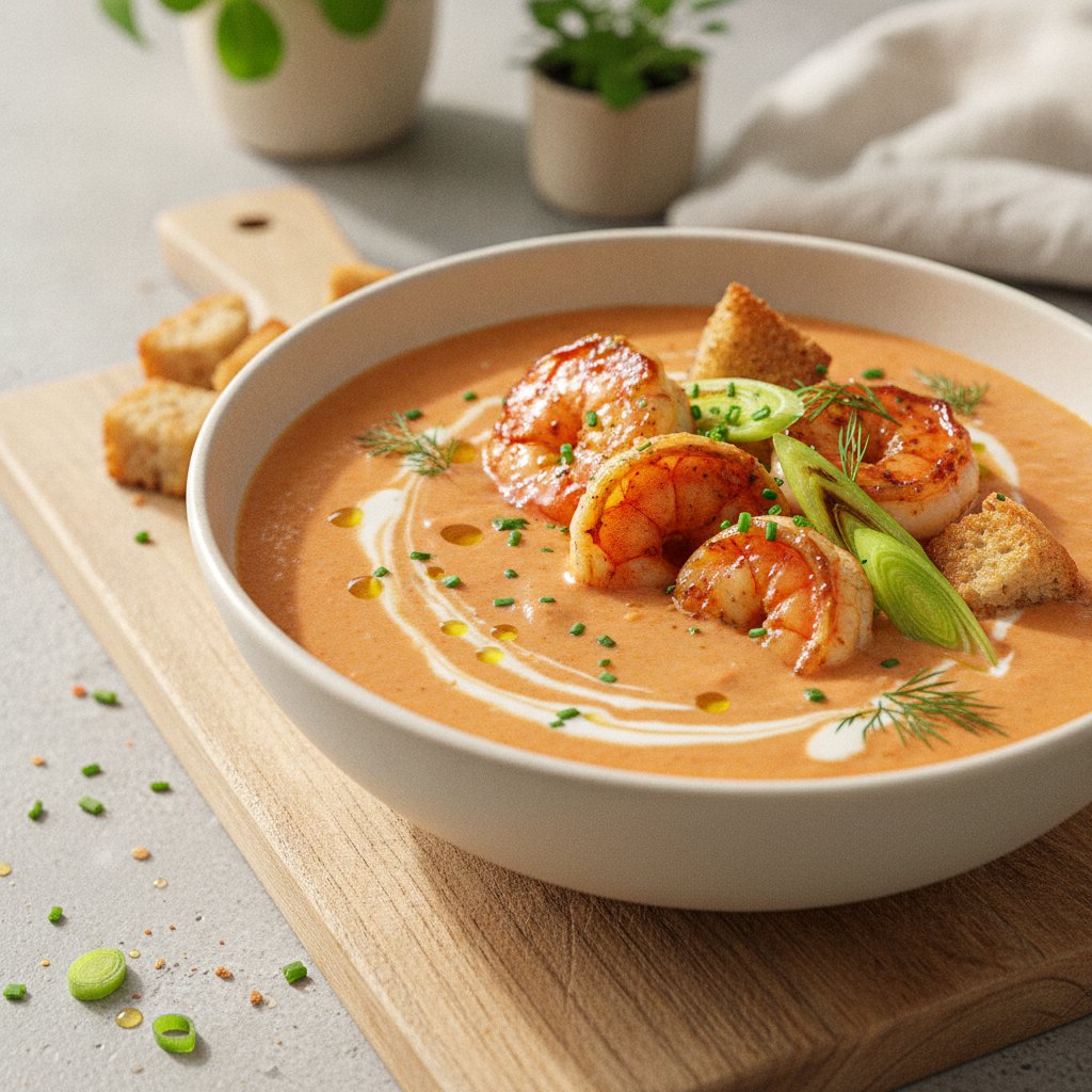 Bisque de camarón y puerro
