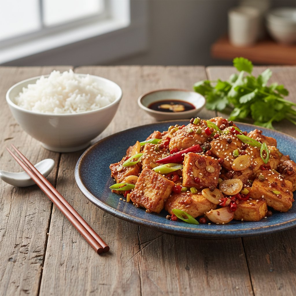 Sichuan Peppercorn and Garlic Chicken Stir-Fry with Smoked Tofu