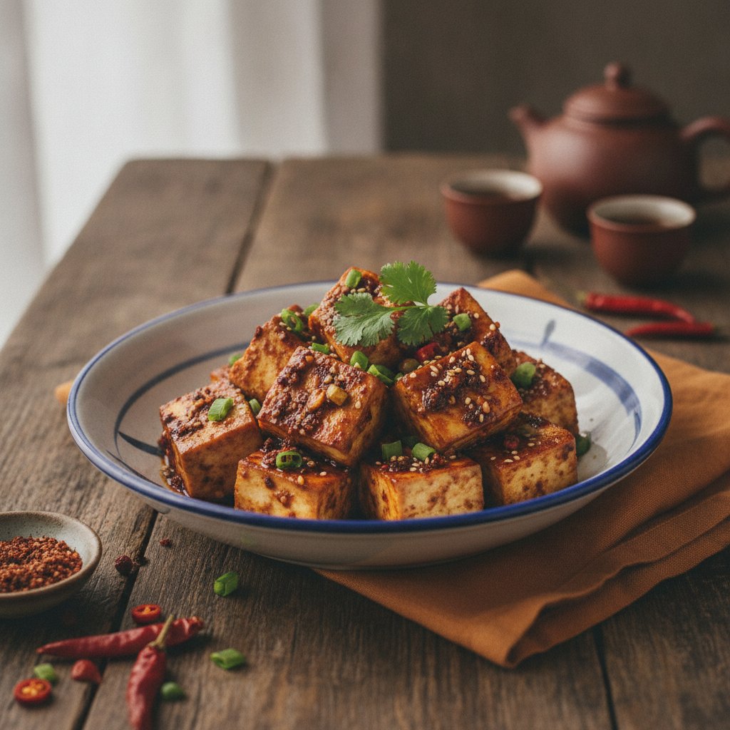 Sichuan Peppercorn Glazed Tofu with Fiery Garlic-Chili Sauce