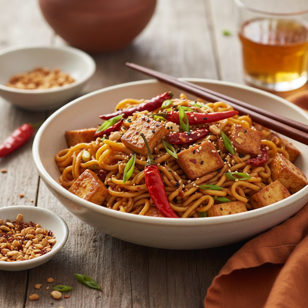 Sichuan-Spiced Tofu and Noodle Stir-Fry with Fiery Peppers