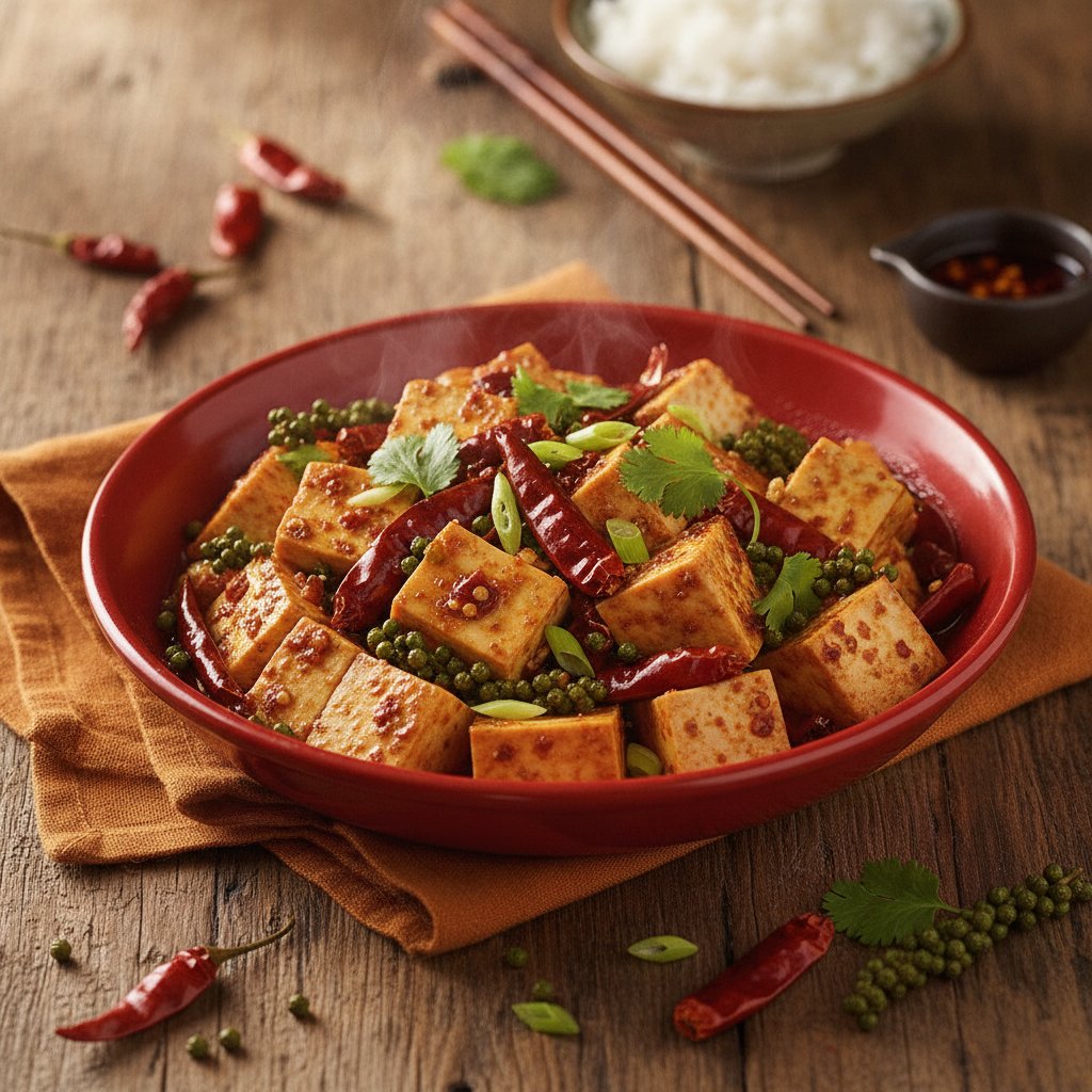 Sichuan Spicy Tofu Stir-fry with Fiery Peppers and Numbing Aromatics