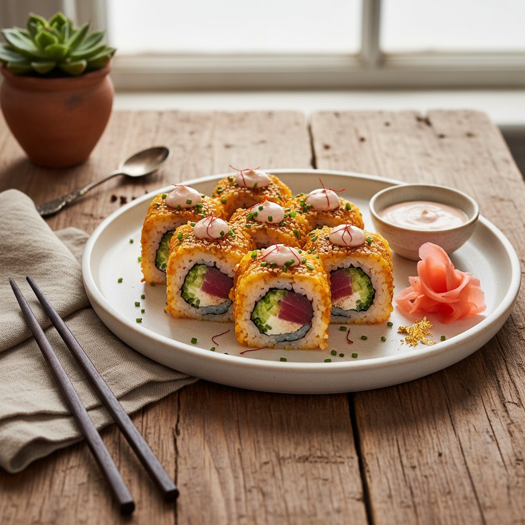 Silk Road Sushi: Saffron-Infused Tuna Roll with Pickled Ginger Aioli