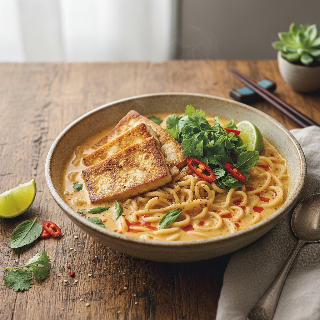 Silky Coconut Curry Ramen with Seared Tofu and Fresh Herbs