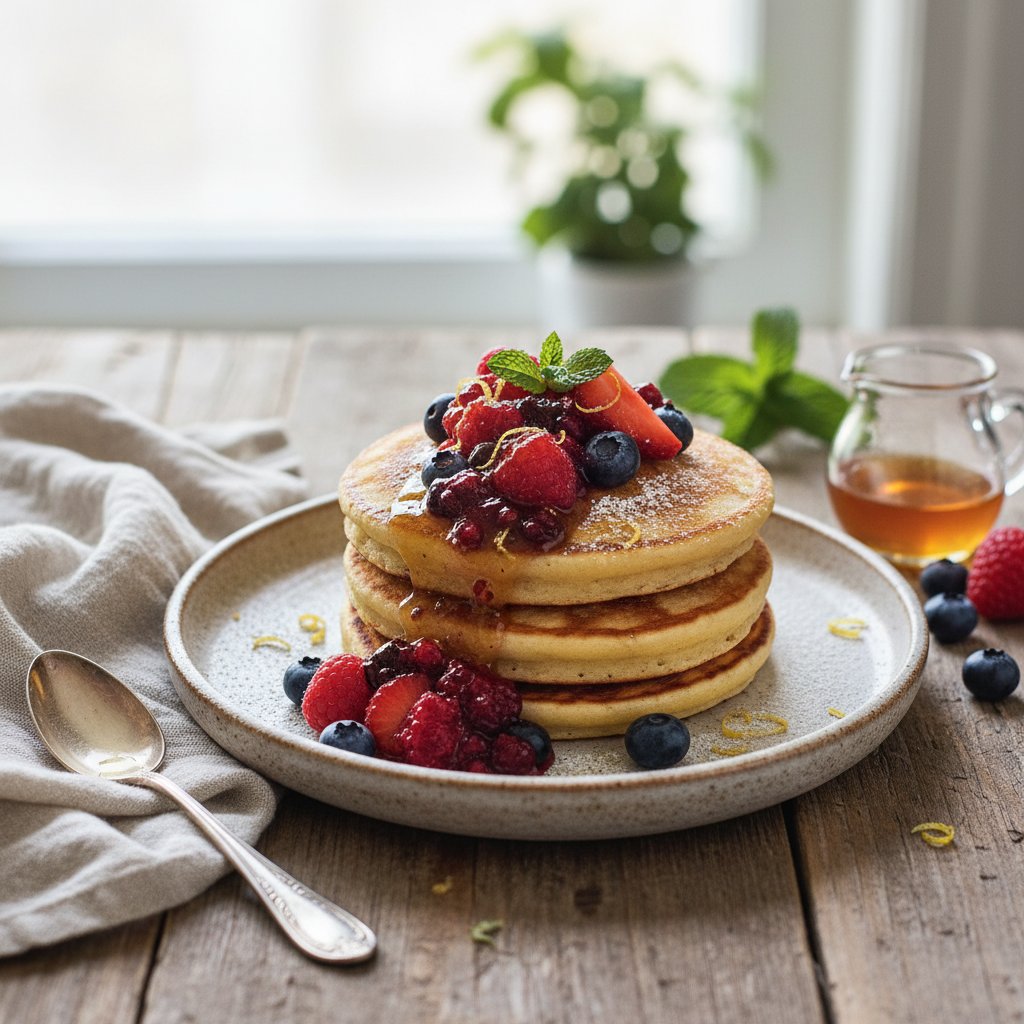 Silky Ricotta and Lemon Pancakes with Honeyed Berry Compote