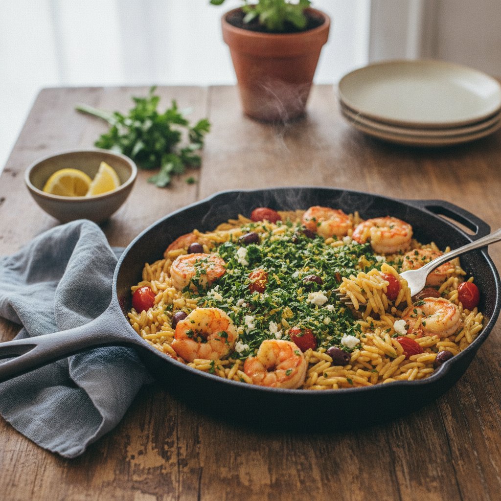 Sizzling Mediterranean Shrimp and Orzo Skillet with Lemon-Parsley Gremolata