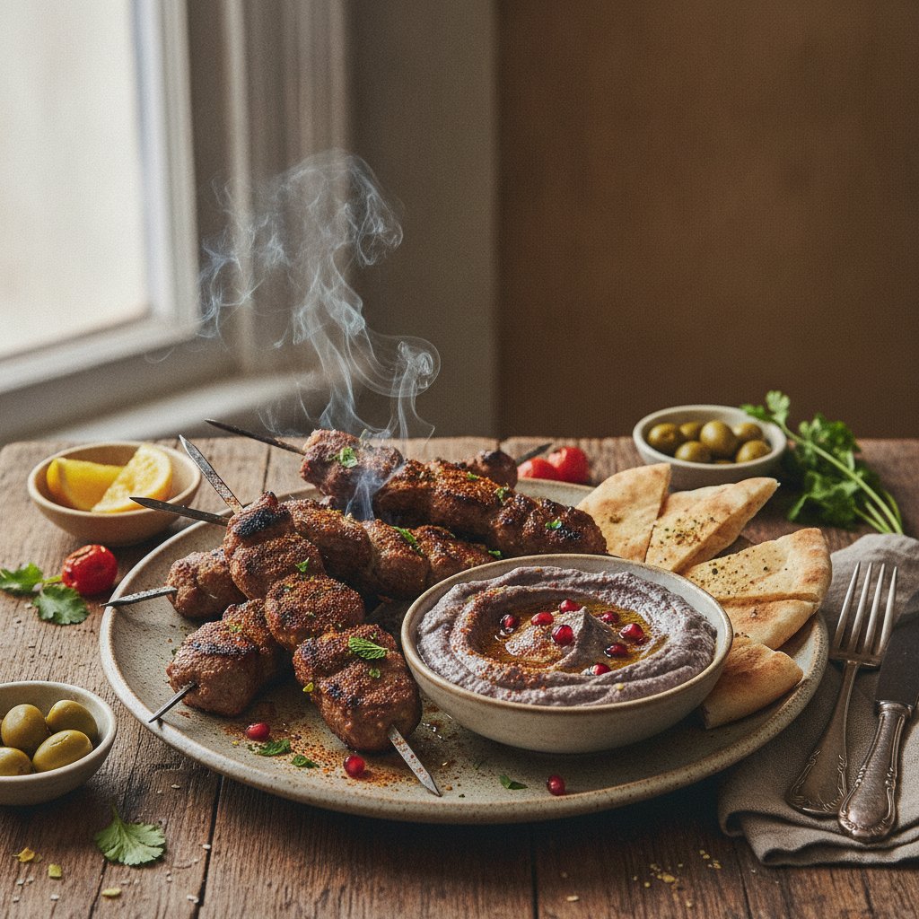 Sizzling Moroccan Lamb Skewers with Smoky Eggplant Dip