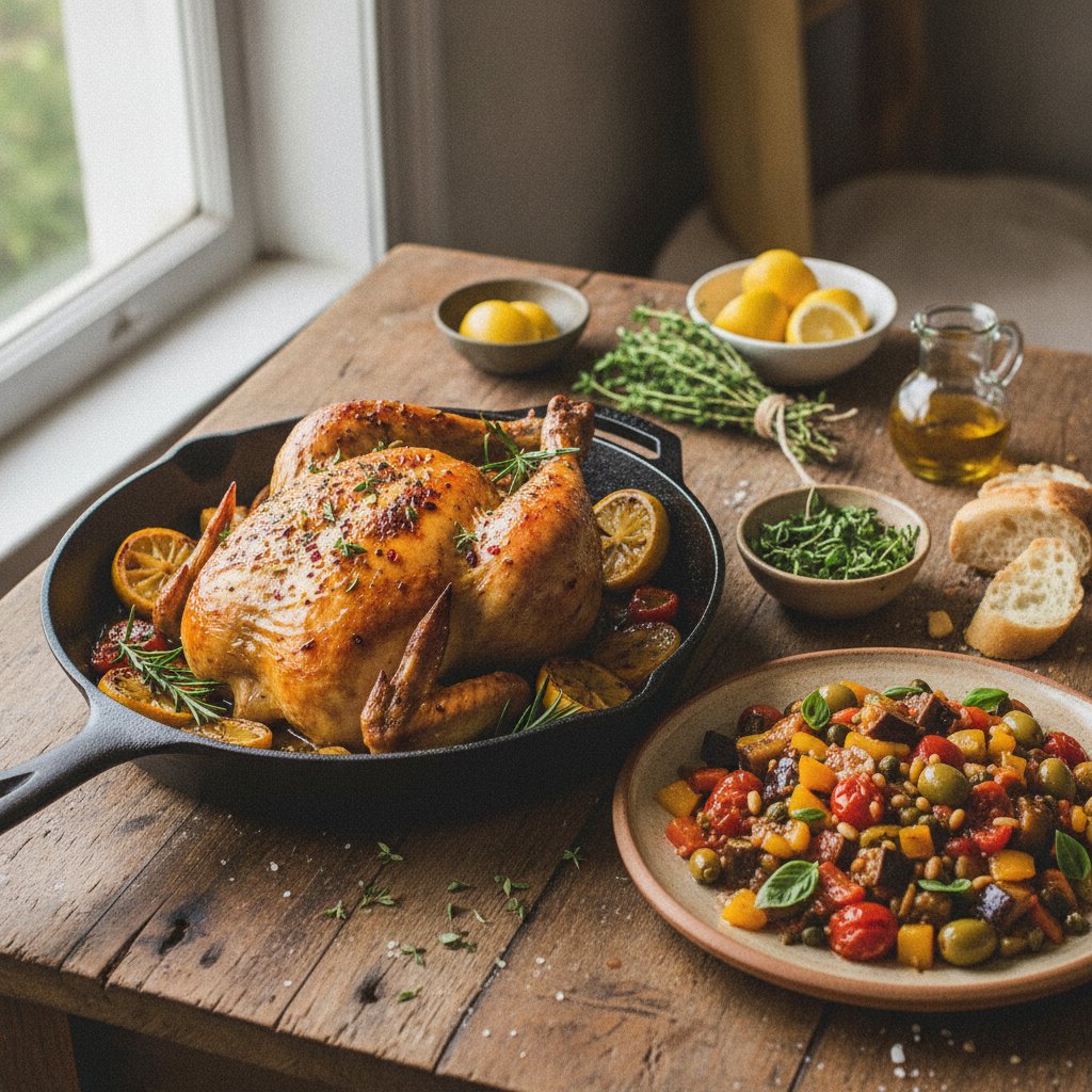 Sizzling Sicilian Lemon Herb Roast Chicken with Caponata Medley