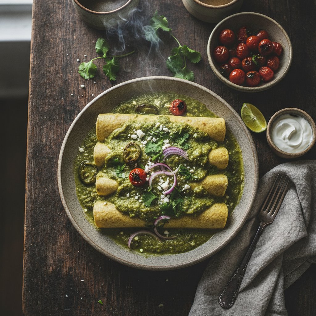 Smoky Ancho Chile Enchiladas with Roasted Tomatillo Sauce