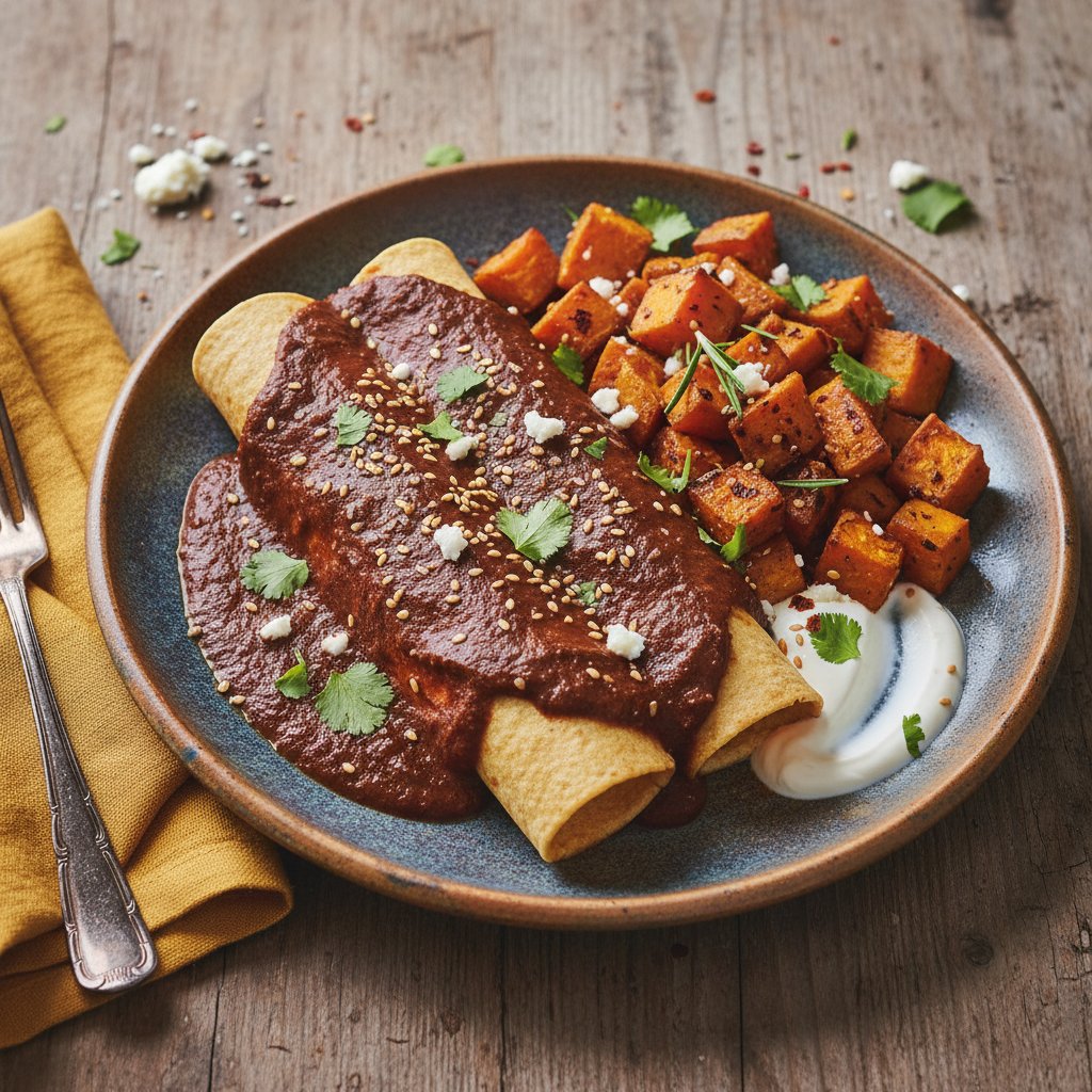 Smoky Ancho Mole Enchiladas with Roasted Sweet Potatoes