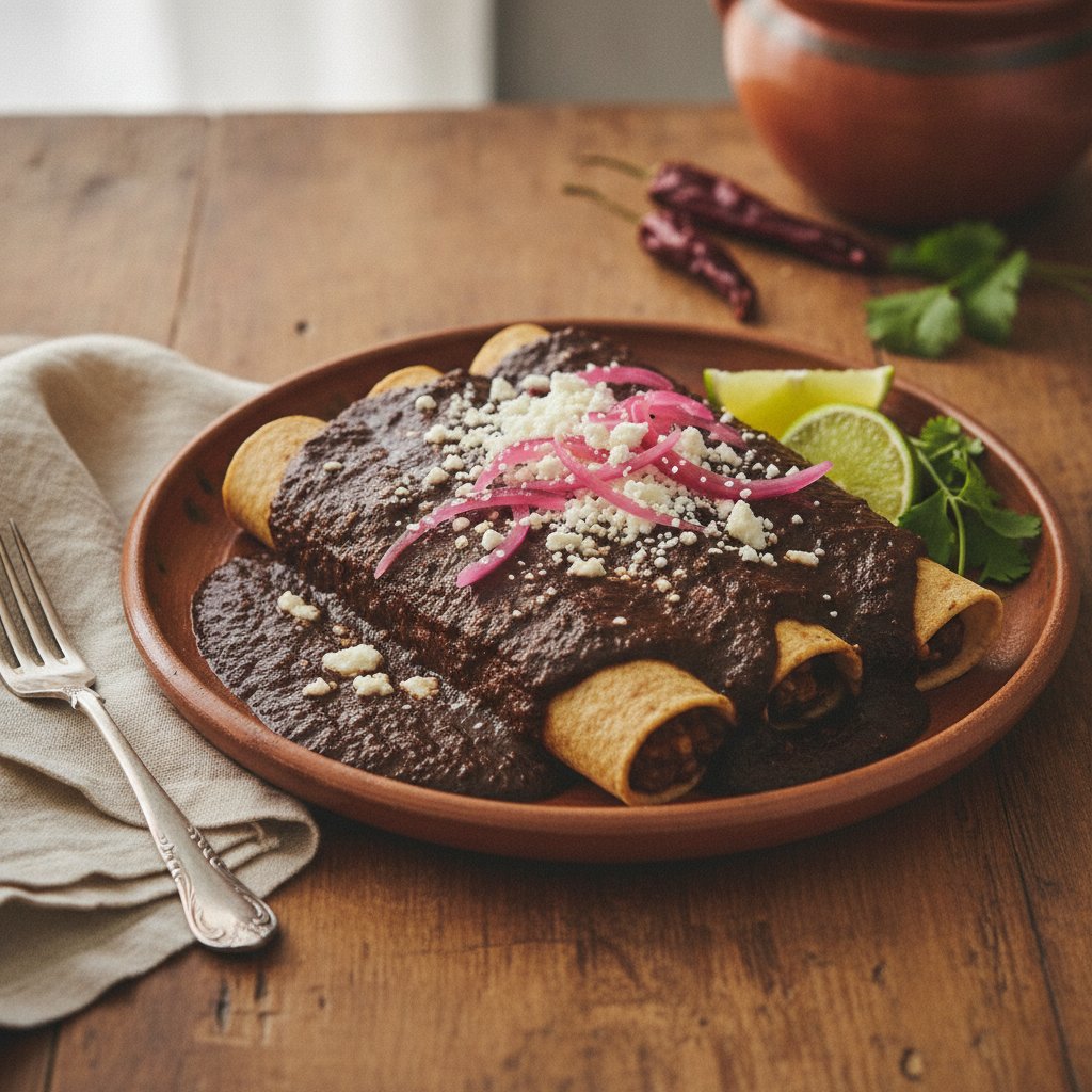 Smoky Oaxacan Mole Enchiladas with Fresh Cotija and Pickled Red Onions