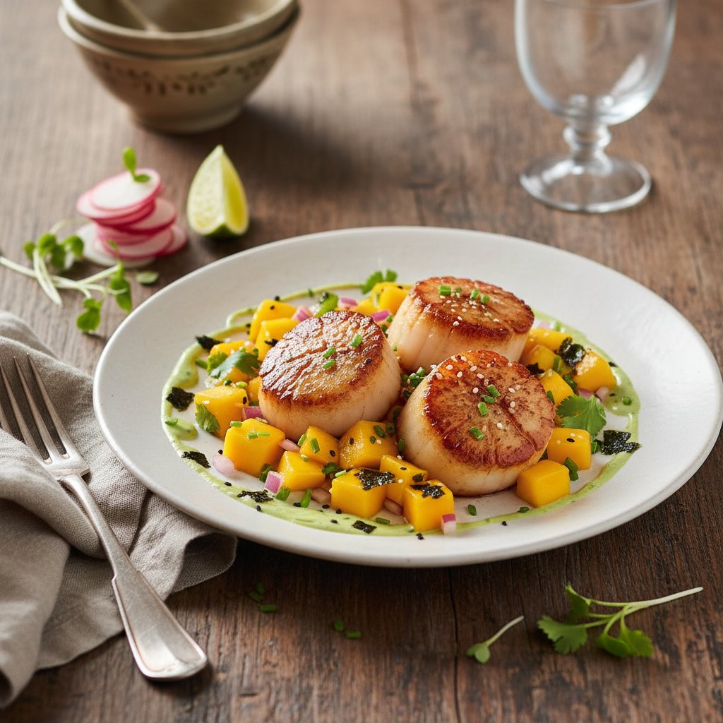 Soy Butter Seared Scallops with Wasabi-Infused Mango Salsa