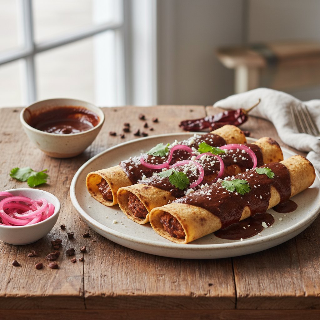 Spiced Ancho Chili and Chocolate Enmoladas with Pickled Red Onions