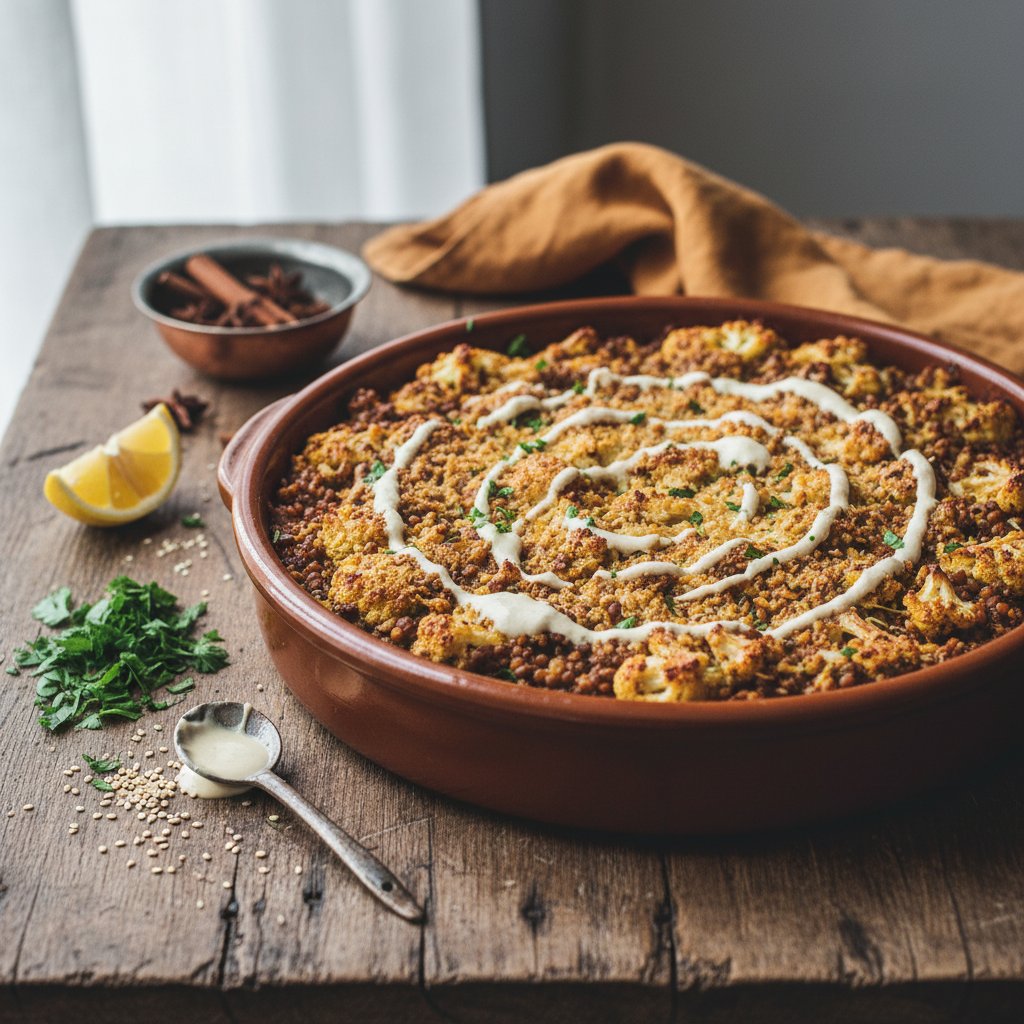 Spiced Cauliflower and Lentil Bake with Tahini Drizzle