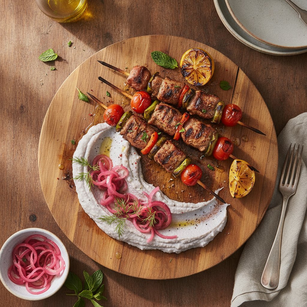 Spiced Lamb Souvlaki with Smoky Eggplant Puree and Pickled Onions
