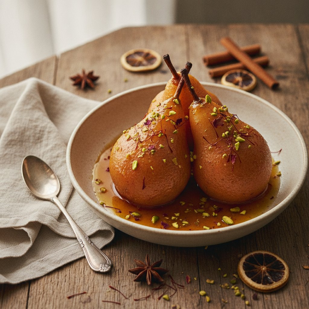 Spiced Persian Poached Pears with Saffron and Pistachios