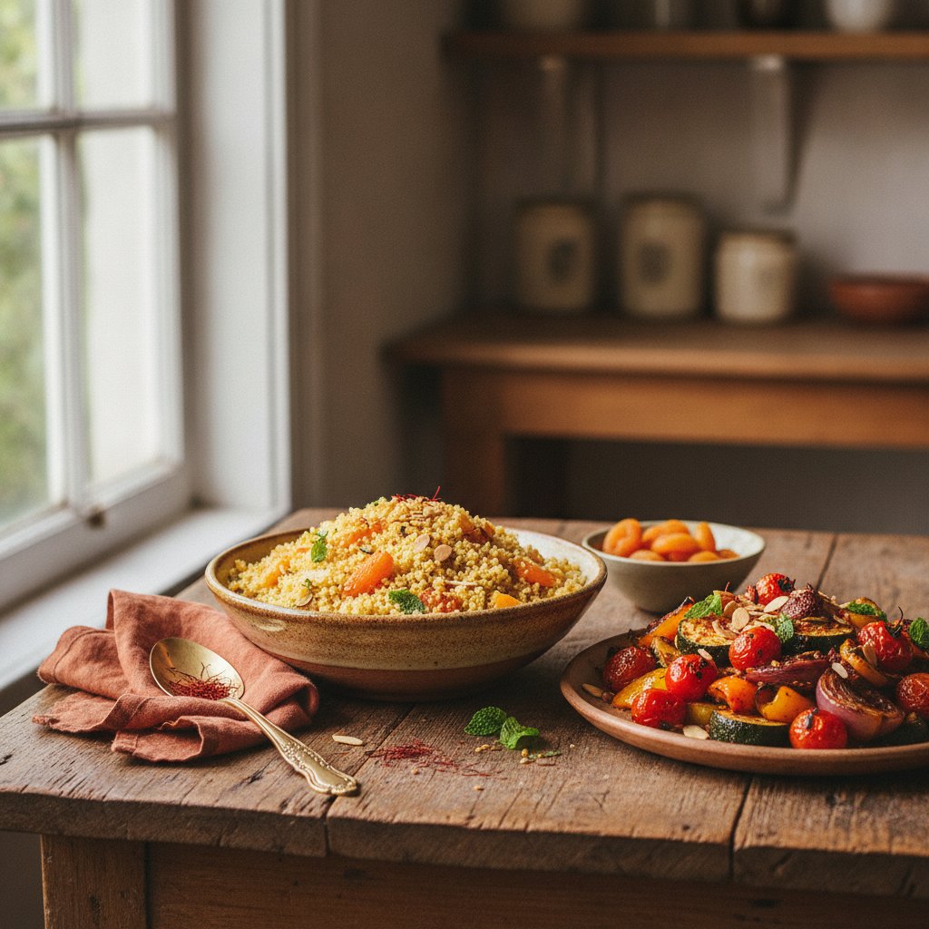 Spiced Saffron and Apricot Couscous with Roasted Harissa Vegetables