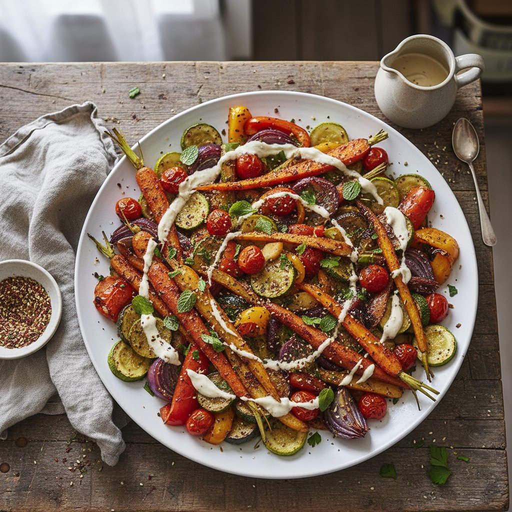 Spiced Sumac and Za'atar Roasted Vegetable Medley with Tahini Drizzle