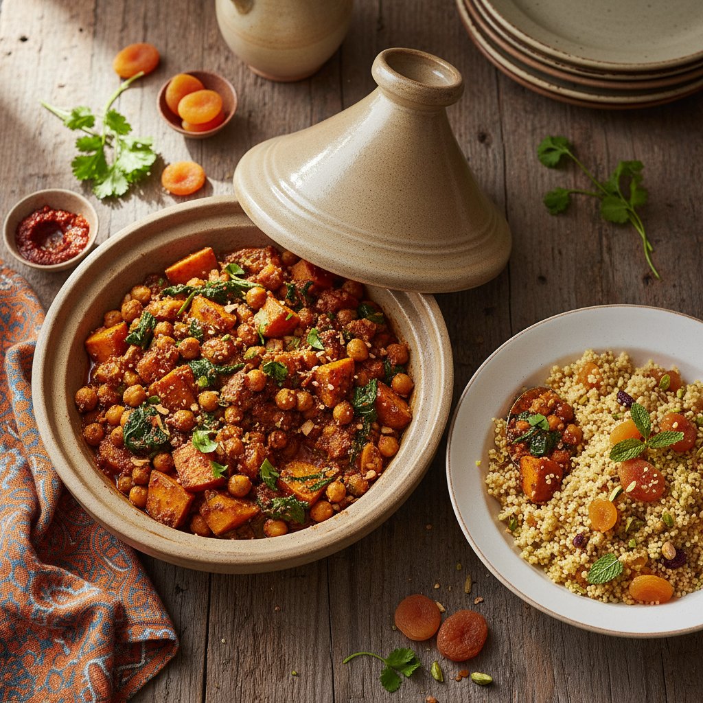Spiced Sweet Potato and Chickpea Tagine with Apricot Couscous