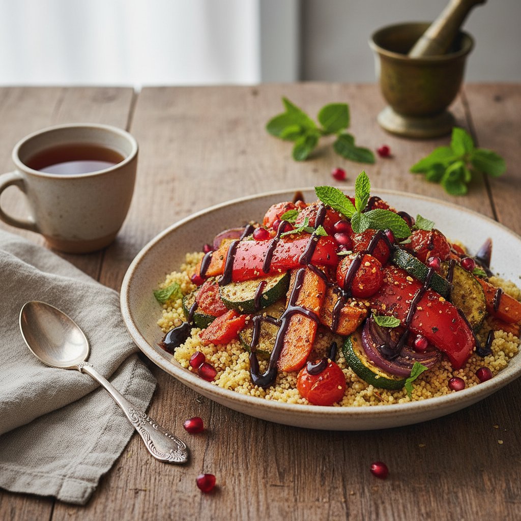 Spiced Za'atar Roasted Vegetable Couscous with Pomegranate Molasses Drizzle