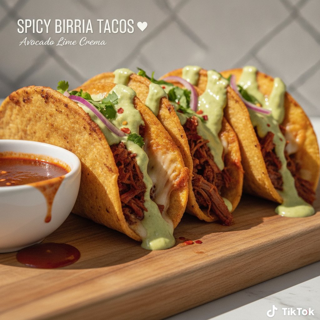 Spicy Birria Breakfast Tacos with Avocado Lime Crema