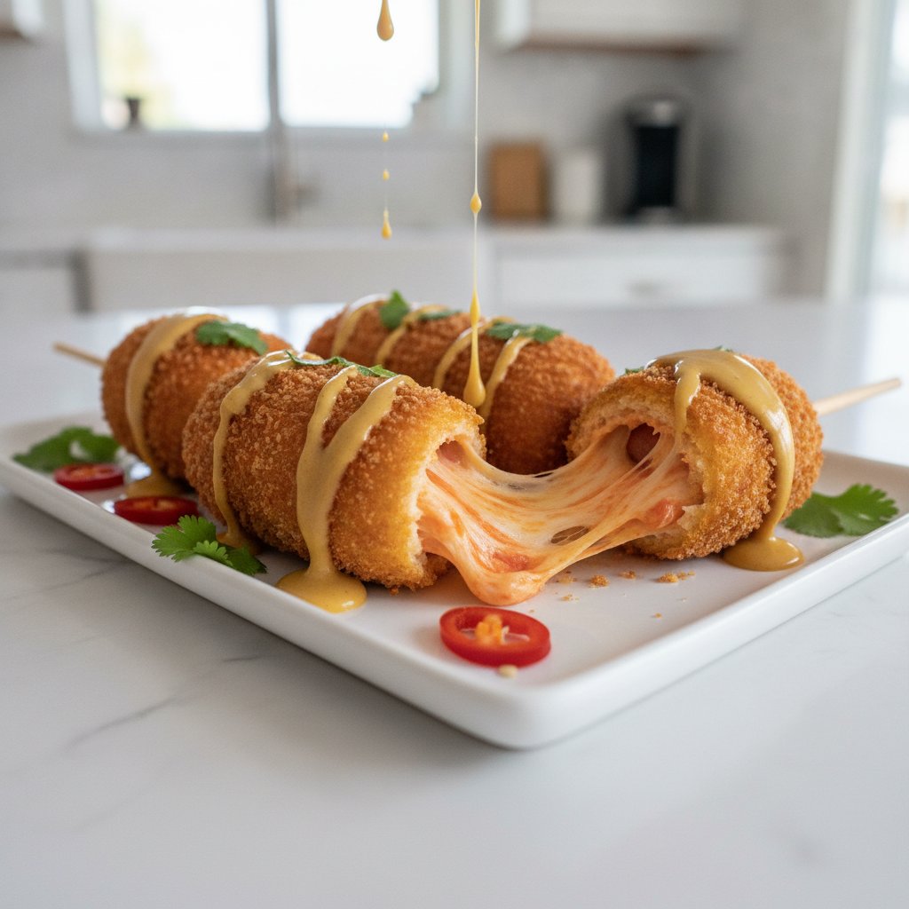 Spicy Gochujang Cheese-Stuffed Corn Dogs with Honey Mustard Drizzle