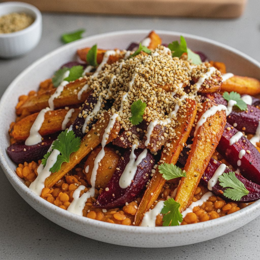 Spicy Harissa Lentil Bowl with Roasted Root Veggies and Hemp Seed Crunch