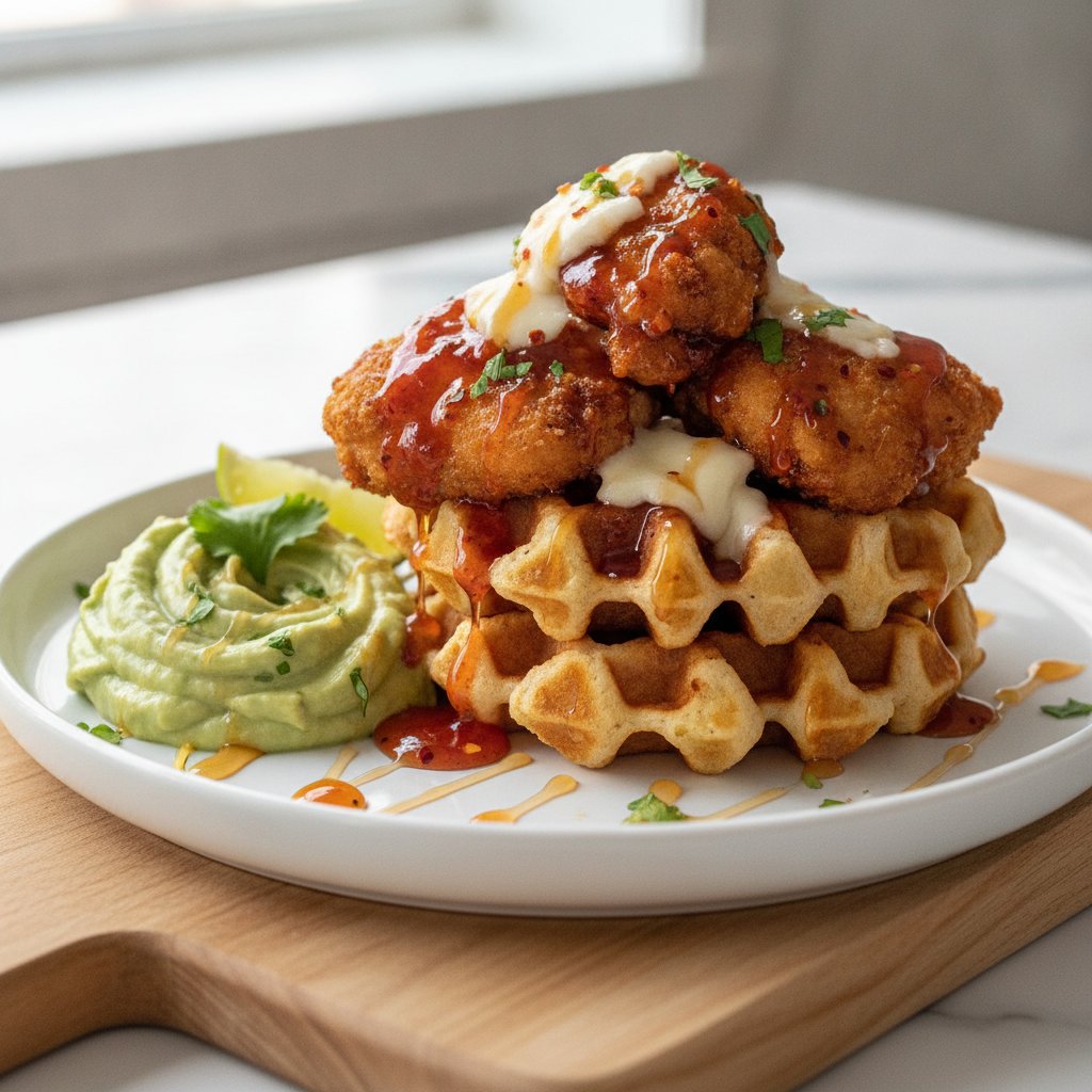 Spicy Honey-Glazed Chicken & Waffle Bites with Avocado Cream