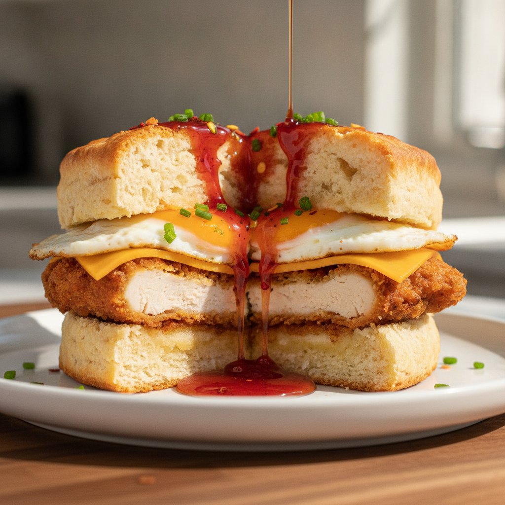Spicy Hot Honey Drizzled Breakfast Biscuit Sandwiches