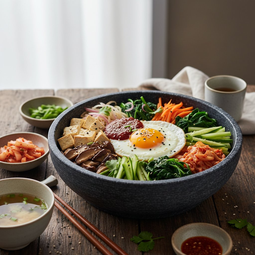 Spicy Korean Bibimbap Bowl with Tofu and Fresh Vegetables