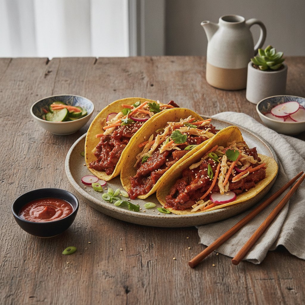 Spicy Korean Bulgogi Tacos with Kimchi Slaw